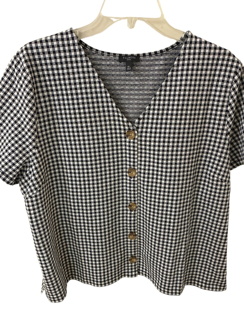 Talbots Gingham Knit Sleeveless Button Front Top Black XL Petite